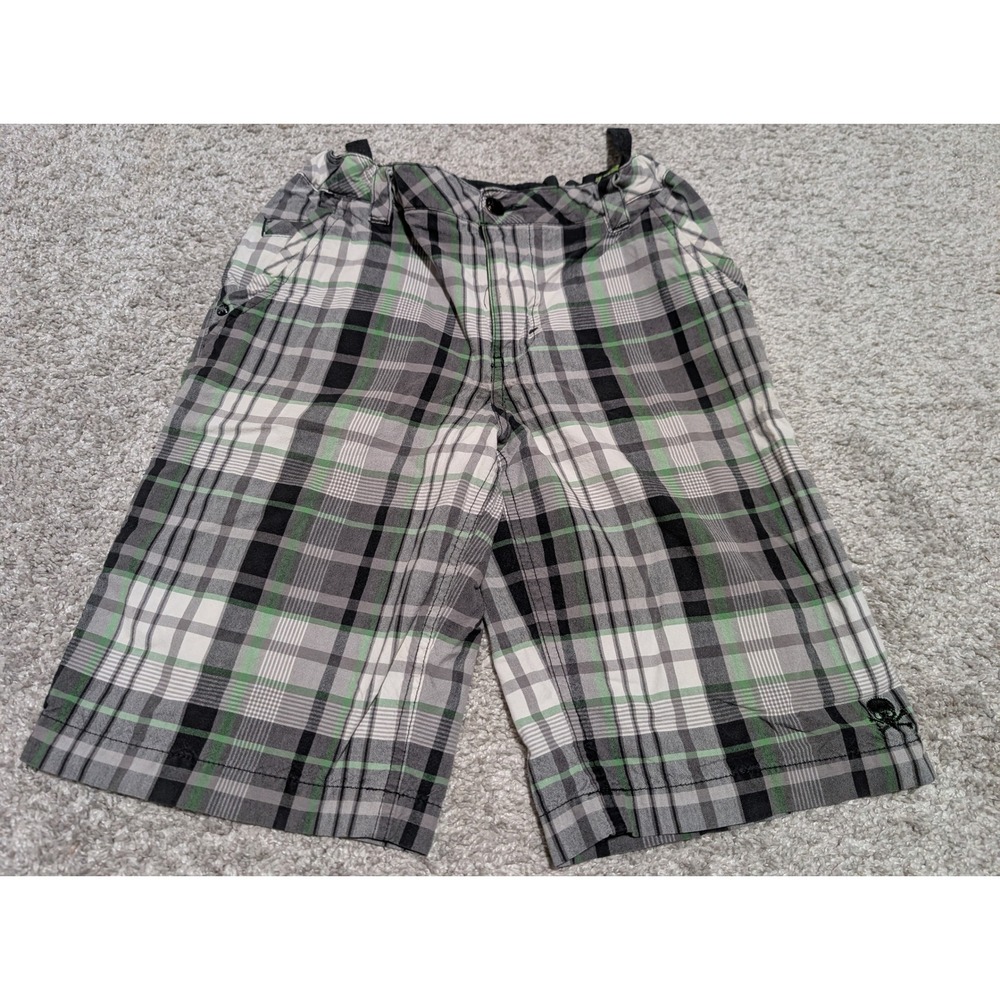 Tony Hawk Shorts Boys 14 Green Plaid‎ Skateboard Skull Logo Adjustable Waist Y2K